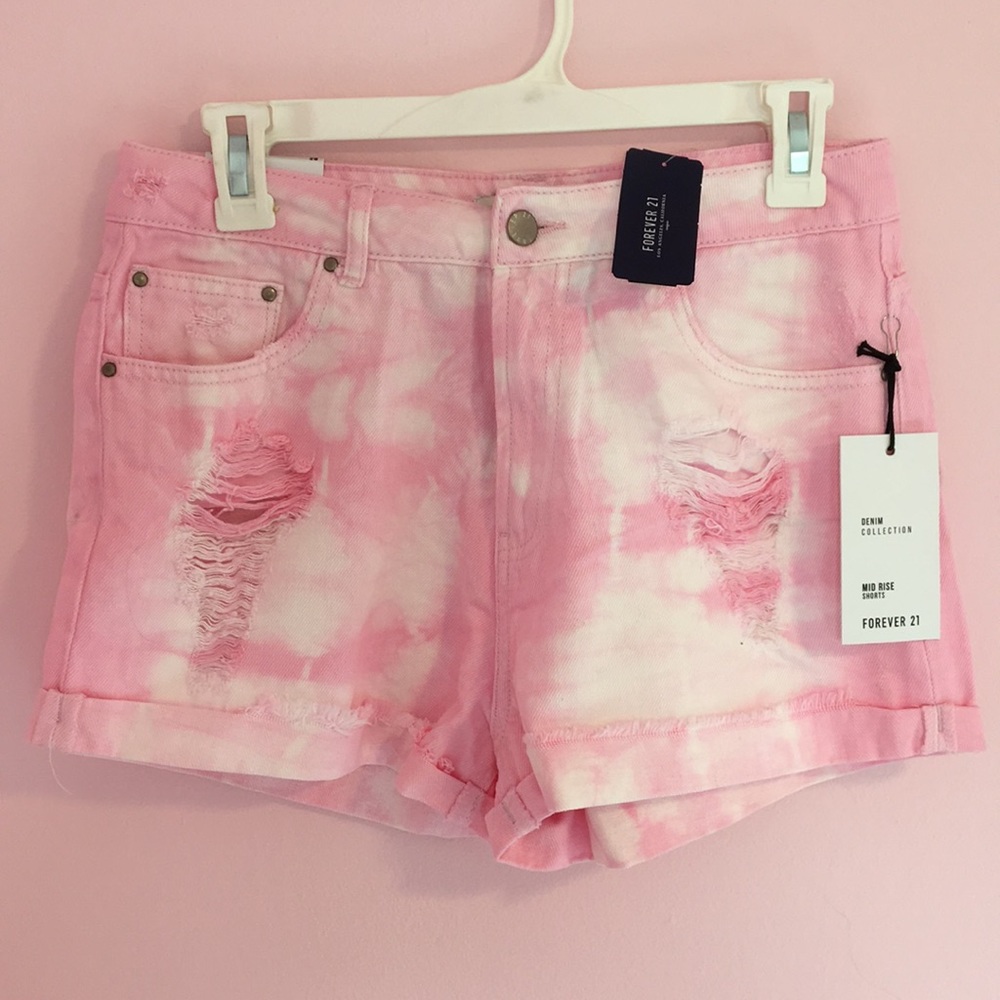 Forever 21 Pink Acid-Washed Mid-Rise Denim Shorts